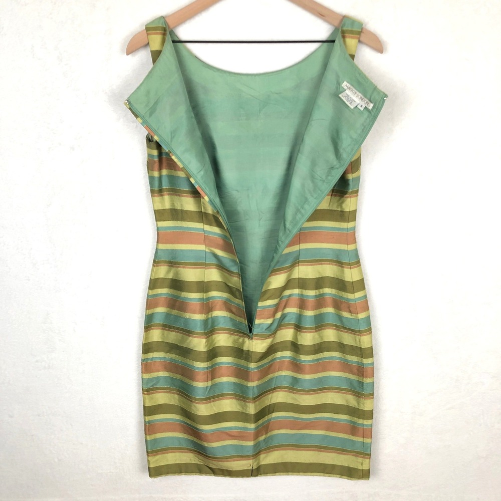 MAGGY LONDON 100% Silk Striped Sheath Dress Sz 8 Green Teal Copper Sleeveless - Picture 4 of 10
